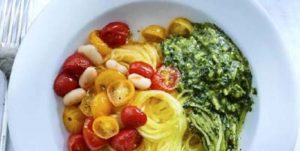 Spaghetti Squash with Roasted Tomatoes, Beans & Almond Pesto