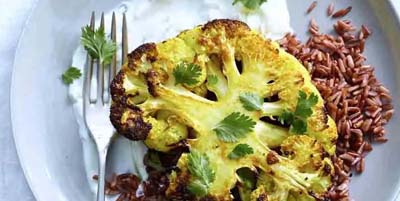 Curried Cauliflower Steaks with Red Rice & Tzatziki